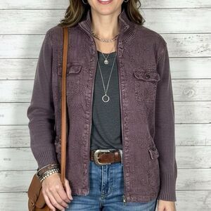 DENIM & CO. Mineral Wash Burgundy Cotton And Knit Embroidered Jacket 1X